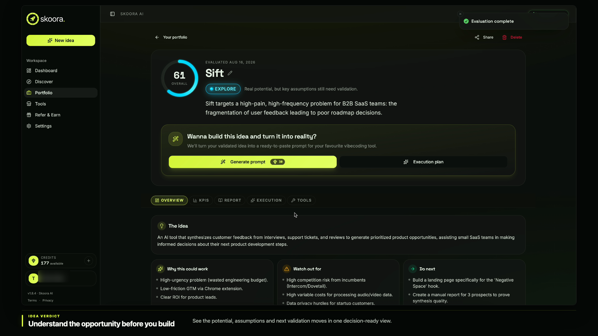Skoora evaluation view showing an idea score, verdict and next steps